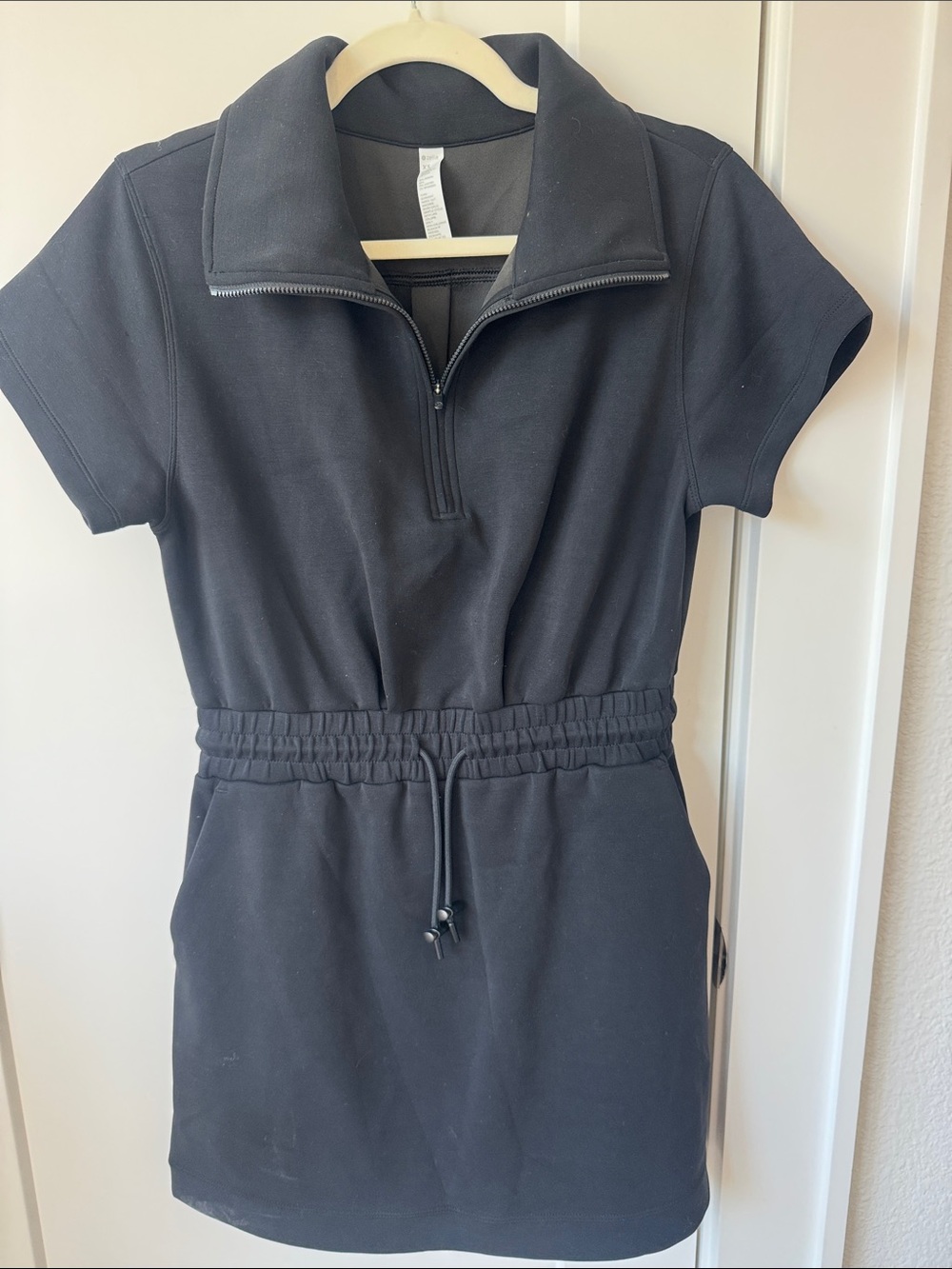 Zella Black Short-Sleeve Zip-Neck Drawstring Mini Dress